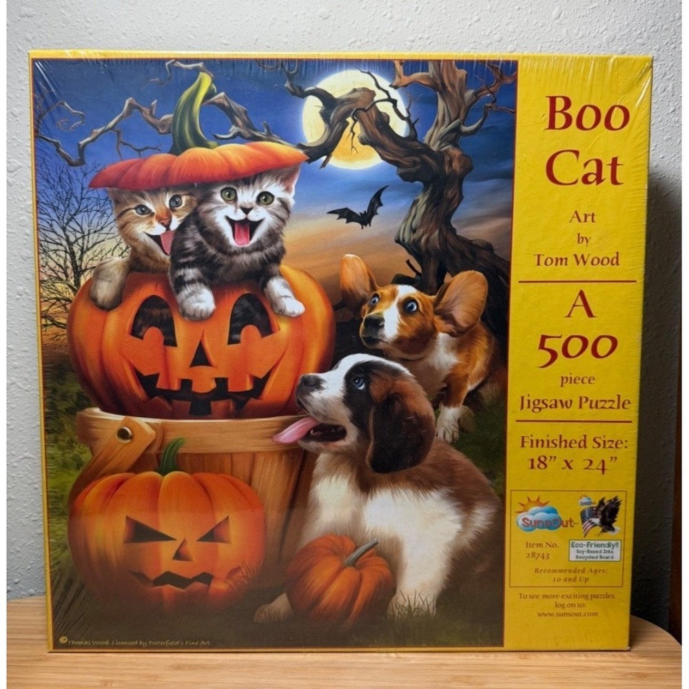 NIB SunsOut Boo Cat Jigsaw Puzzle 500pc Halloween Tom Wood Dogs Cats Pumpkin